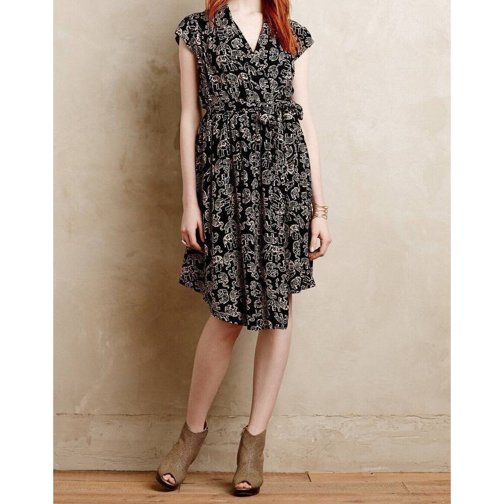 NEW Anthropologie Noronha Wrap Dress Women Black Elephant